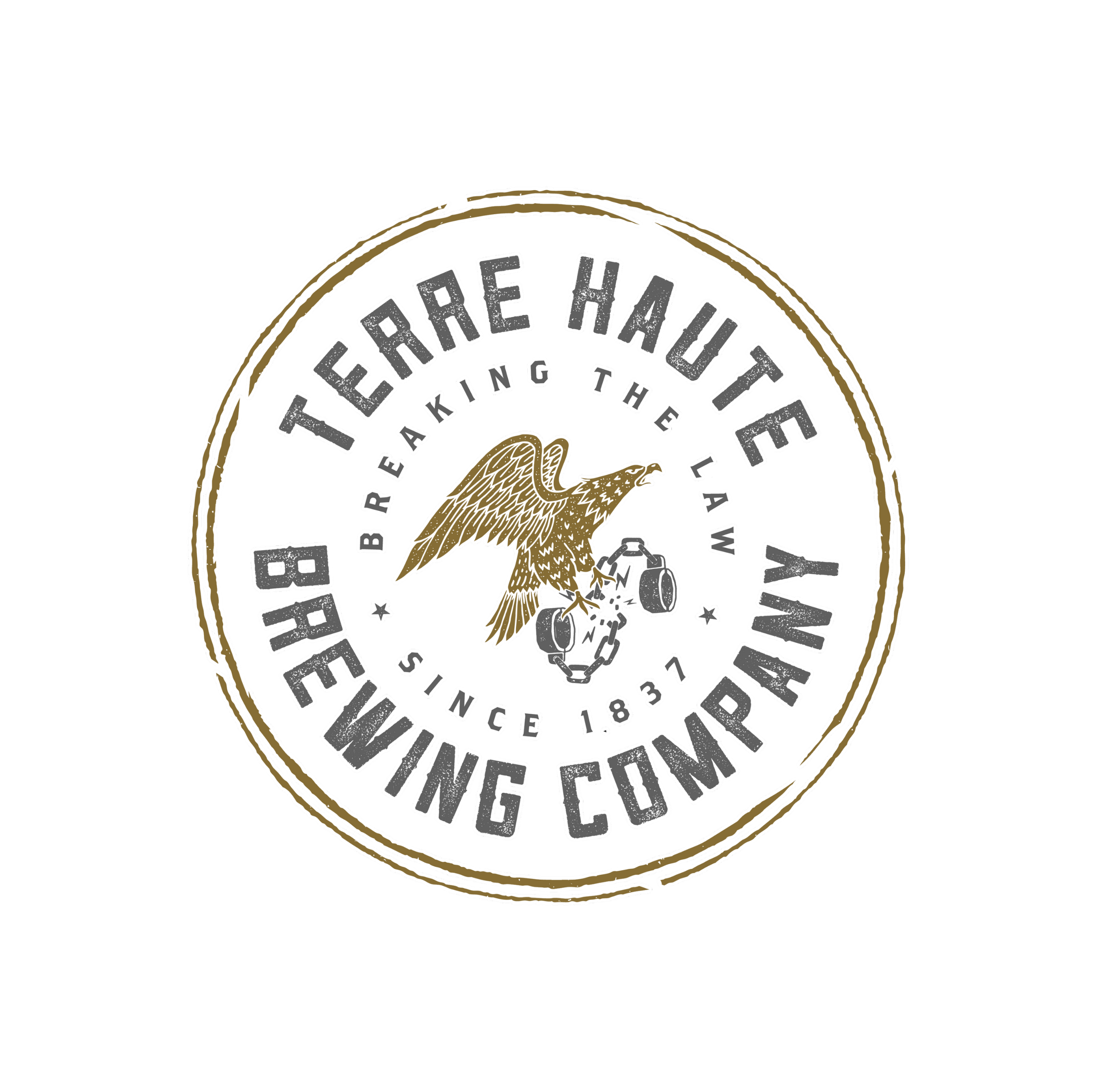A circular badge with a black background and gold and white design. It features an eagle holding a pedal, with text around it that reads, 'Tierra Haute Brewing', 'Baking the Law', 'Since 1837', and 'Brewing Company'.