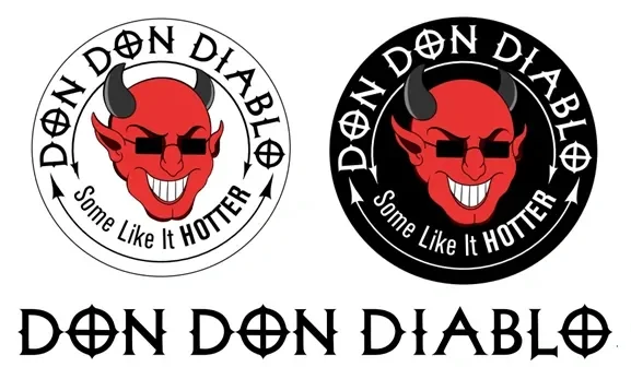 Logo featuring a red devil face with black horns, sunglasses, and a grin, with the text 'DON DON DIABLO' and 'Some Like It HOTTER' around it, presented in both black-and-white and color versions.