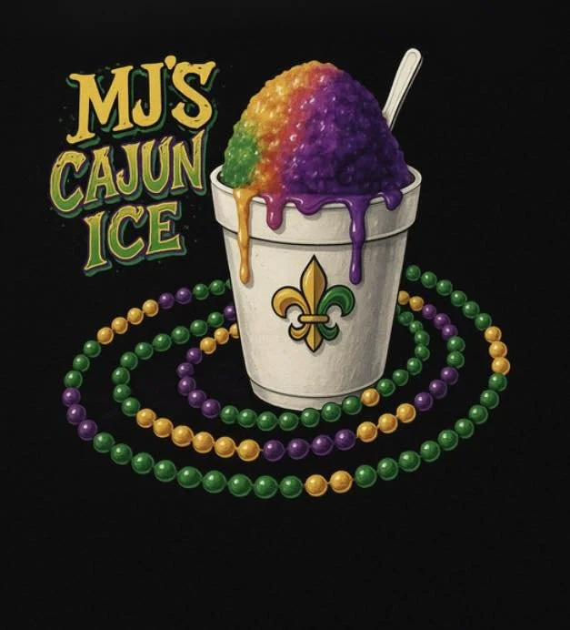 A white cup with a fleur-de-lis logo, filled with rainbow-colored Cajun ice, with a spoon sticking out. The ice appears to be melting with purple, orange, yellow, green, and red colors. Beads of Mardi Gras colors (purple, green, and gold) are arranged in a spiral around the cup on a black background. The text reads 'MJ'S CAJUN ICE' in yellow and green letters.