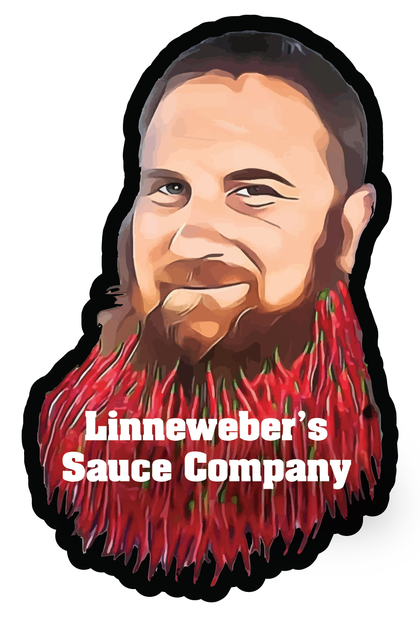 A graphic illustration of a man's face with a thick beard made of red chili peppers, with the text 'Linneweber's Sauce Company' underneath.