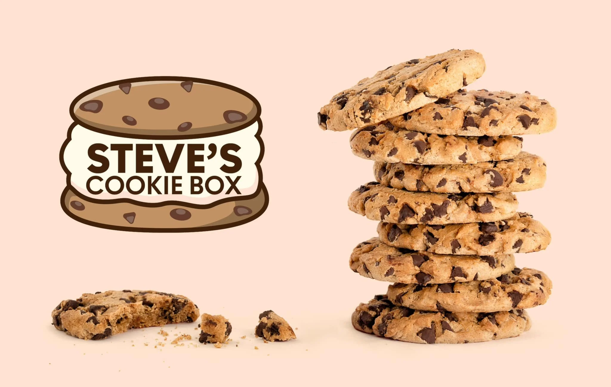 Stack of chocolate chip cookies next to a crumbled cookie and a logo for 'Steve's Cookie Box' with a cookie illustration on a beige background.
