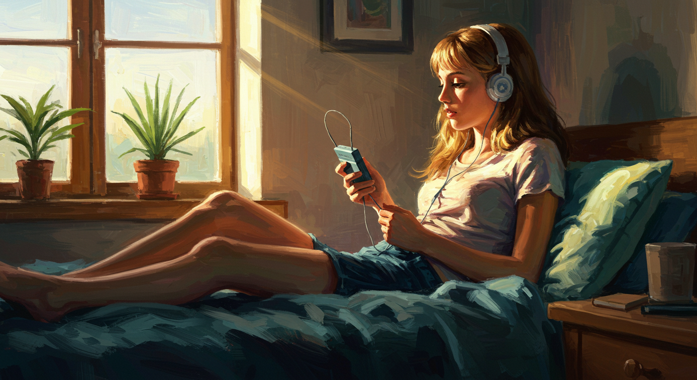 Escena nostálgica de una joven escuchando música en cassette con auriculares, evocando la experiencia analógica y el valor del tiempo lento.