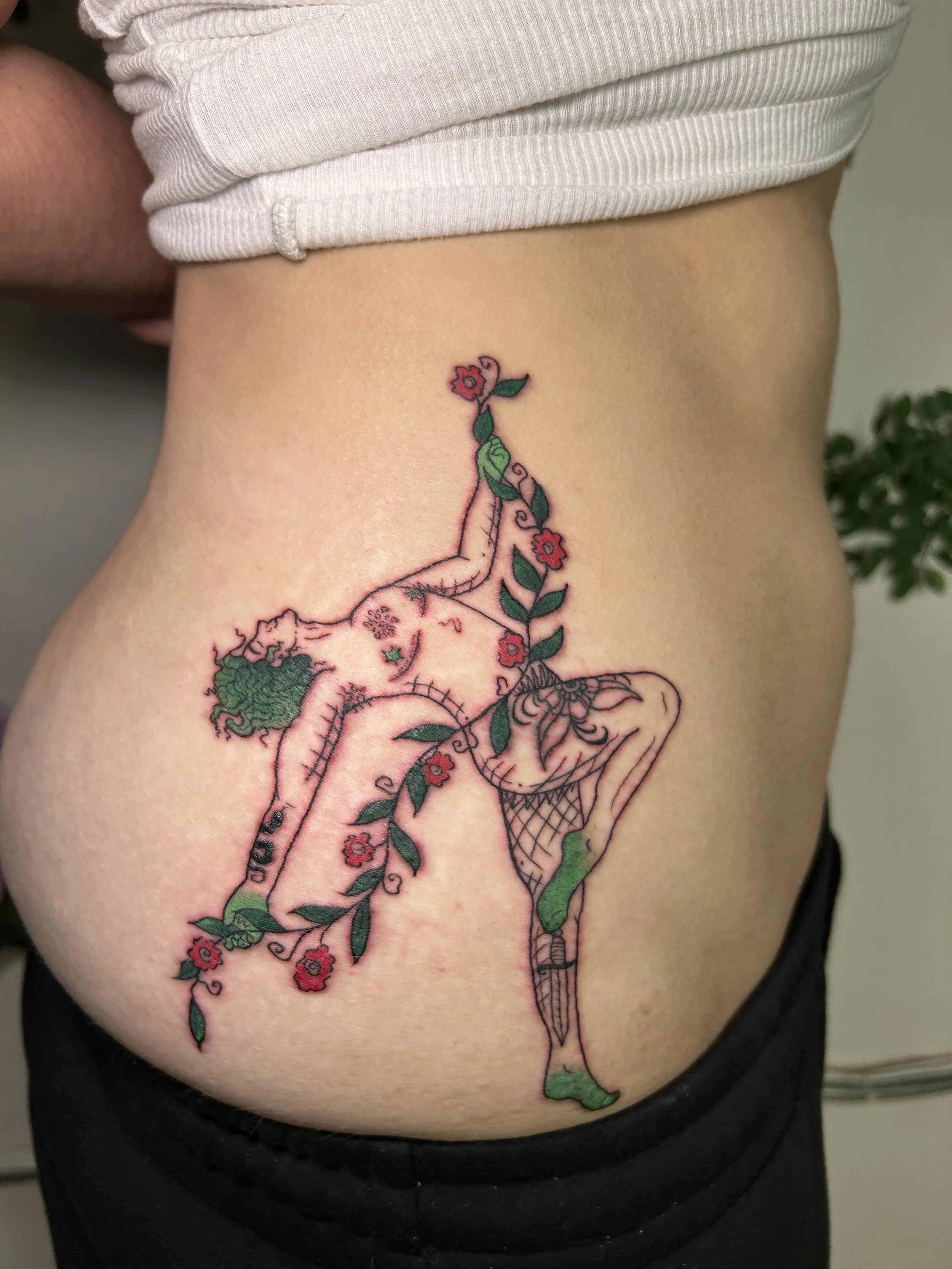 Custom "heathens flash" illustrative trans dancer with pops of color