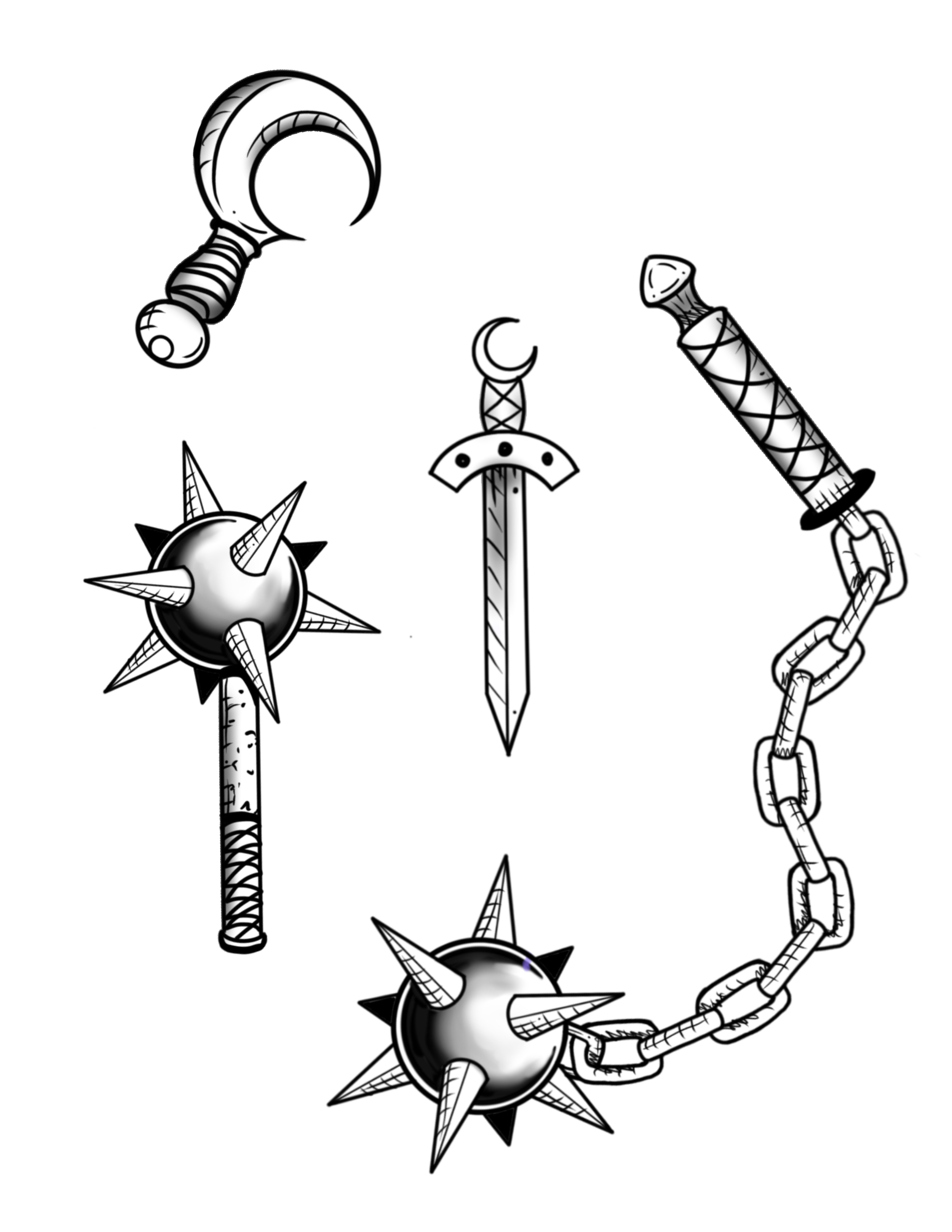 Medieval weapons: linework $100-$150, shading $150-$250