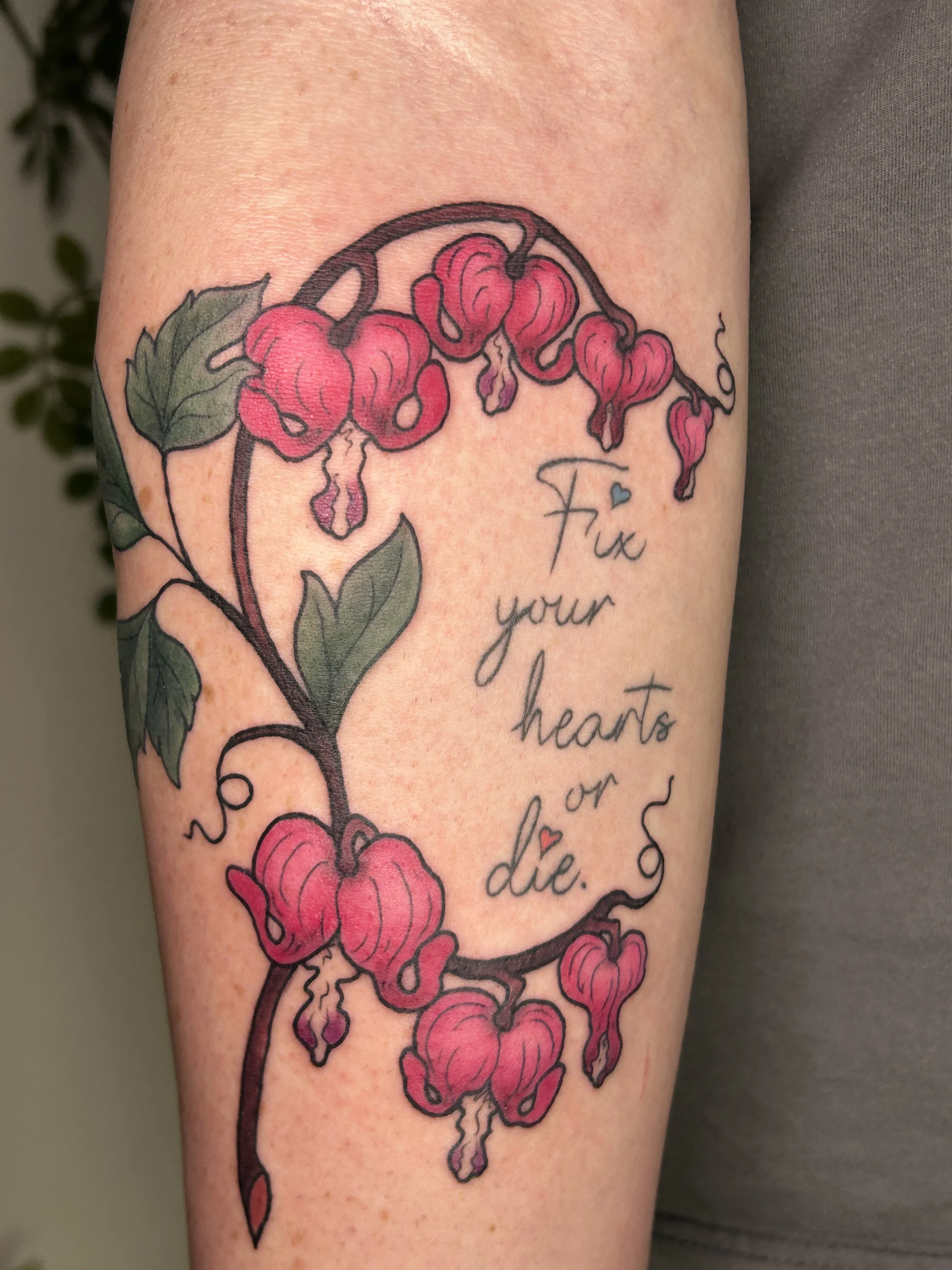 Full color illustrative botanical bleeding hearts & healed script