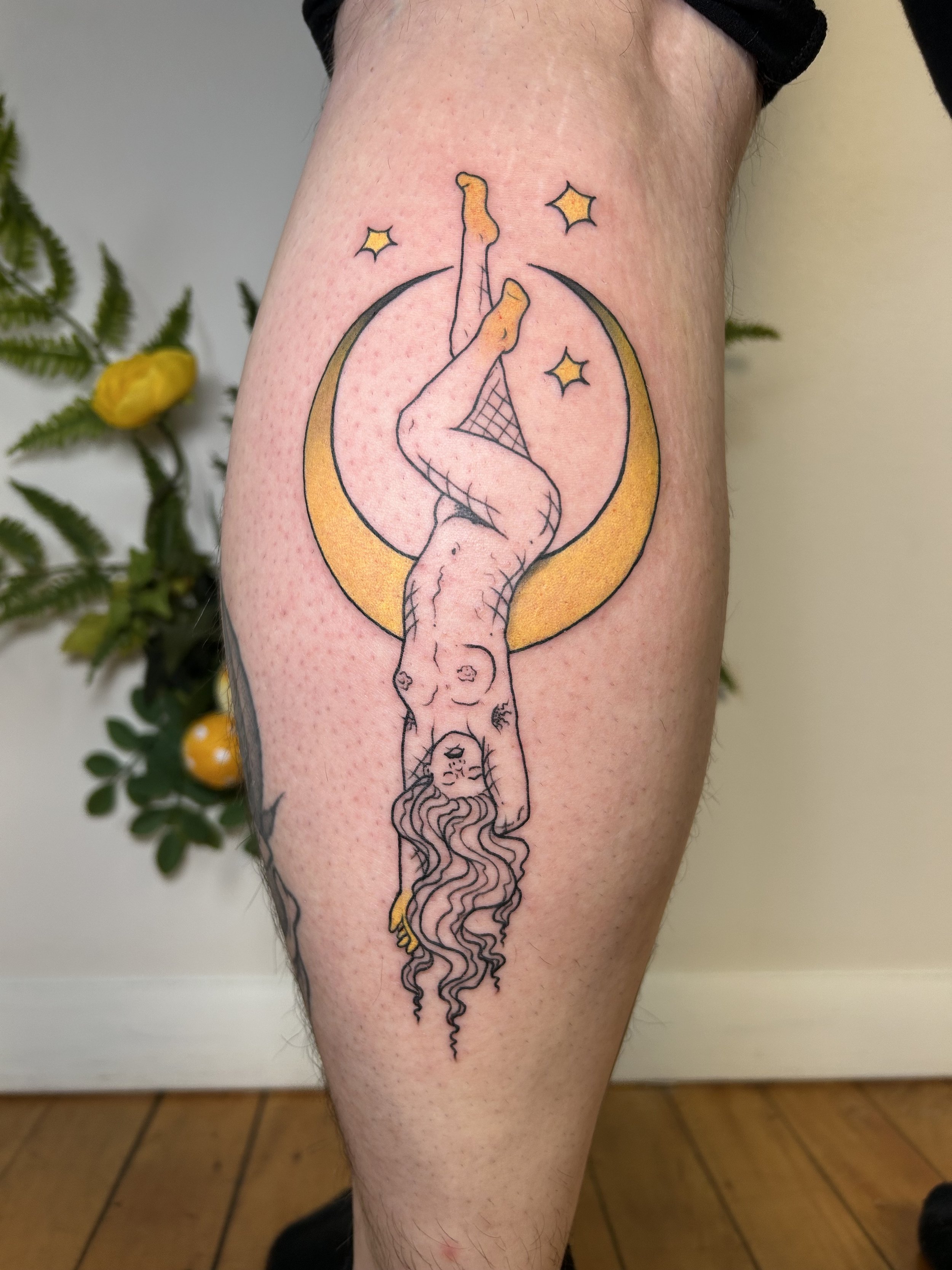 Linework and color "golden moon witch" flash tattoo