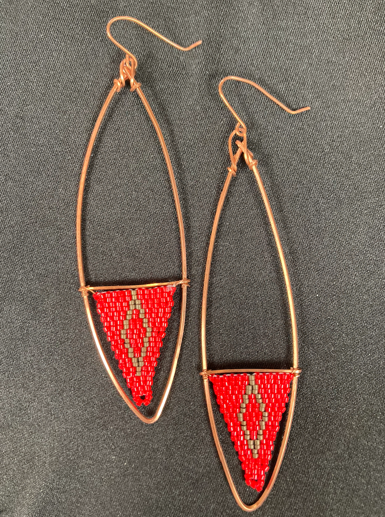 Beaded copper and red diamond earrings
