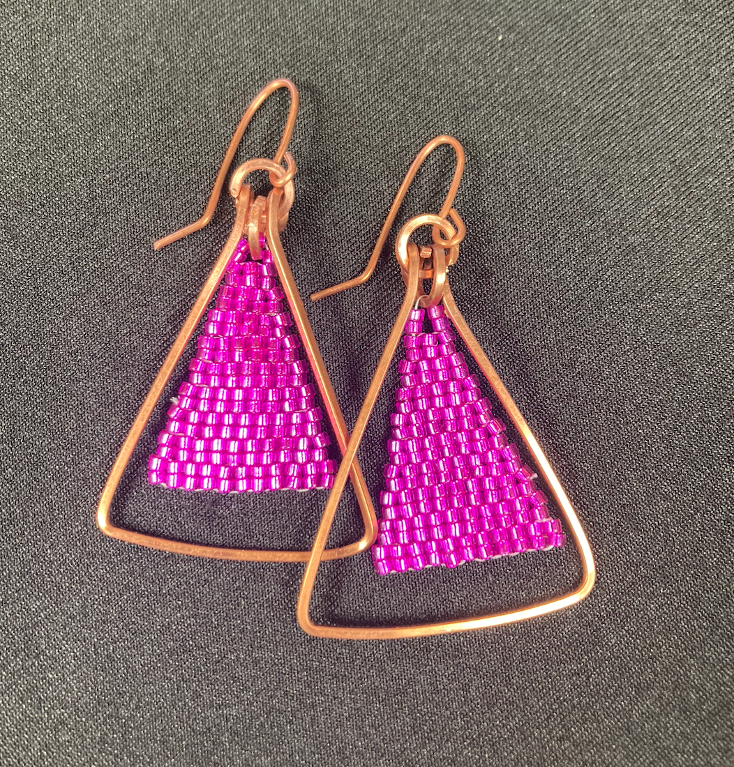 Brilliant Pink Copper and Beaded Triangle Earrings