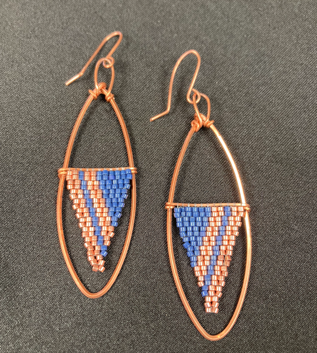 Copper Ovals with inset navy and copper beaded Triangle earrings