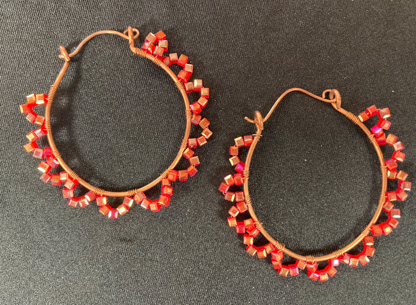 Copper and red glass bead hoops