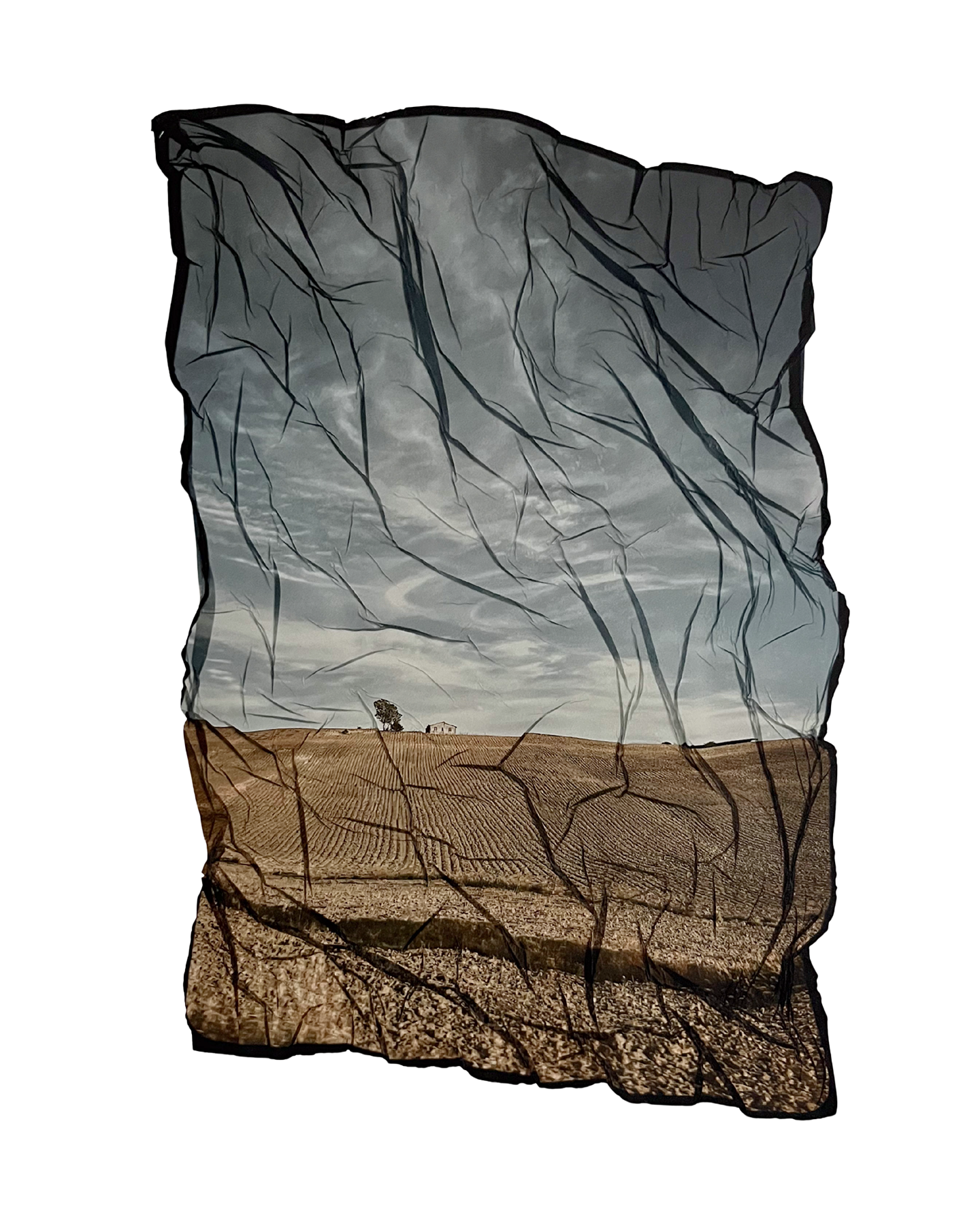 An emulsion lift artwork combining a photograph of a field with a cloudy sky, overlaid with folds and ripples from the emulsion resembling cracks or veins.