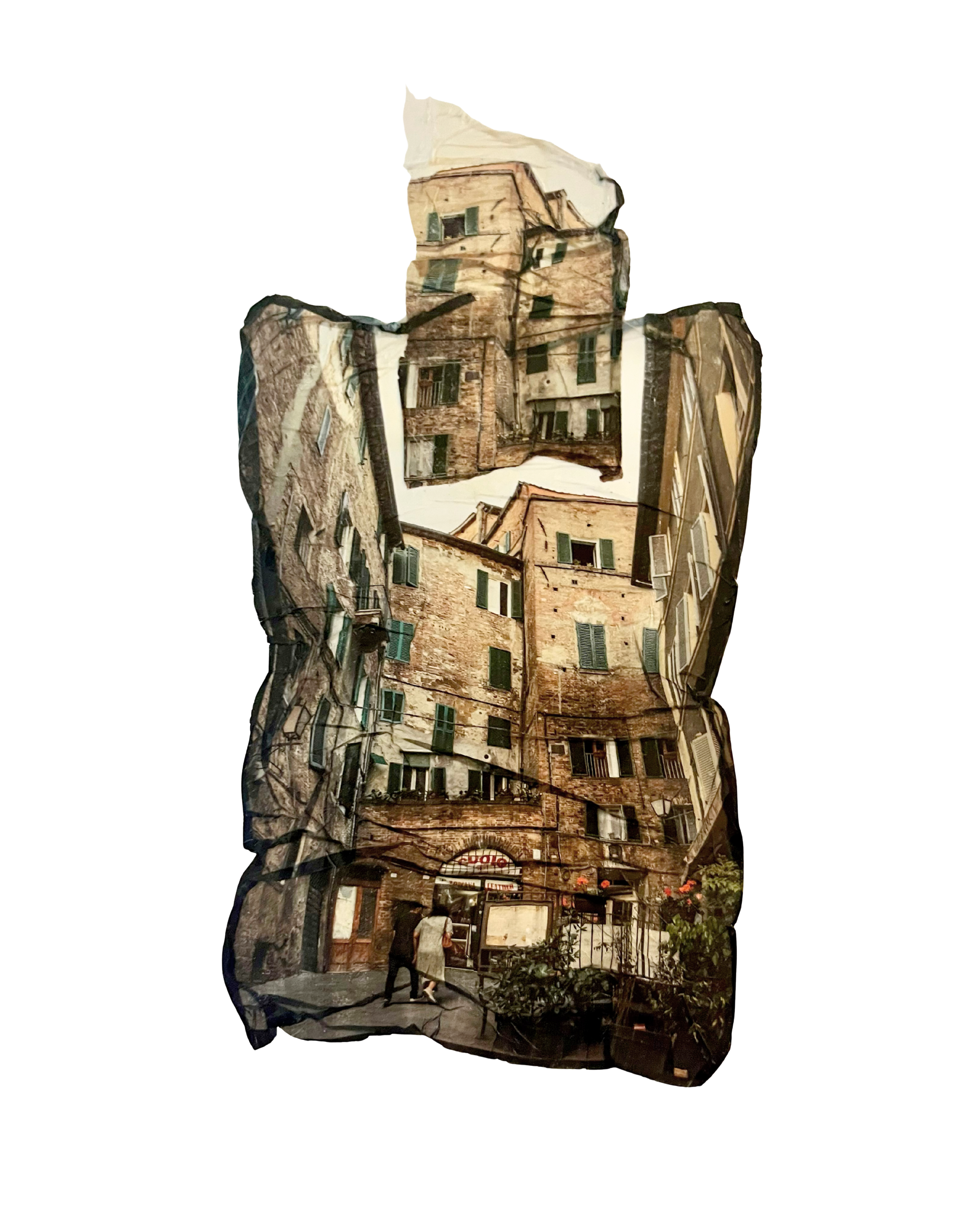 An emulsion lift artwork of buildings in an alleyway with people walking, featuring old brick facades and green shutters in a European city. The emulsion of the sky is lifting up.