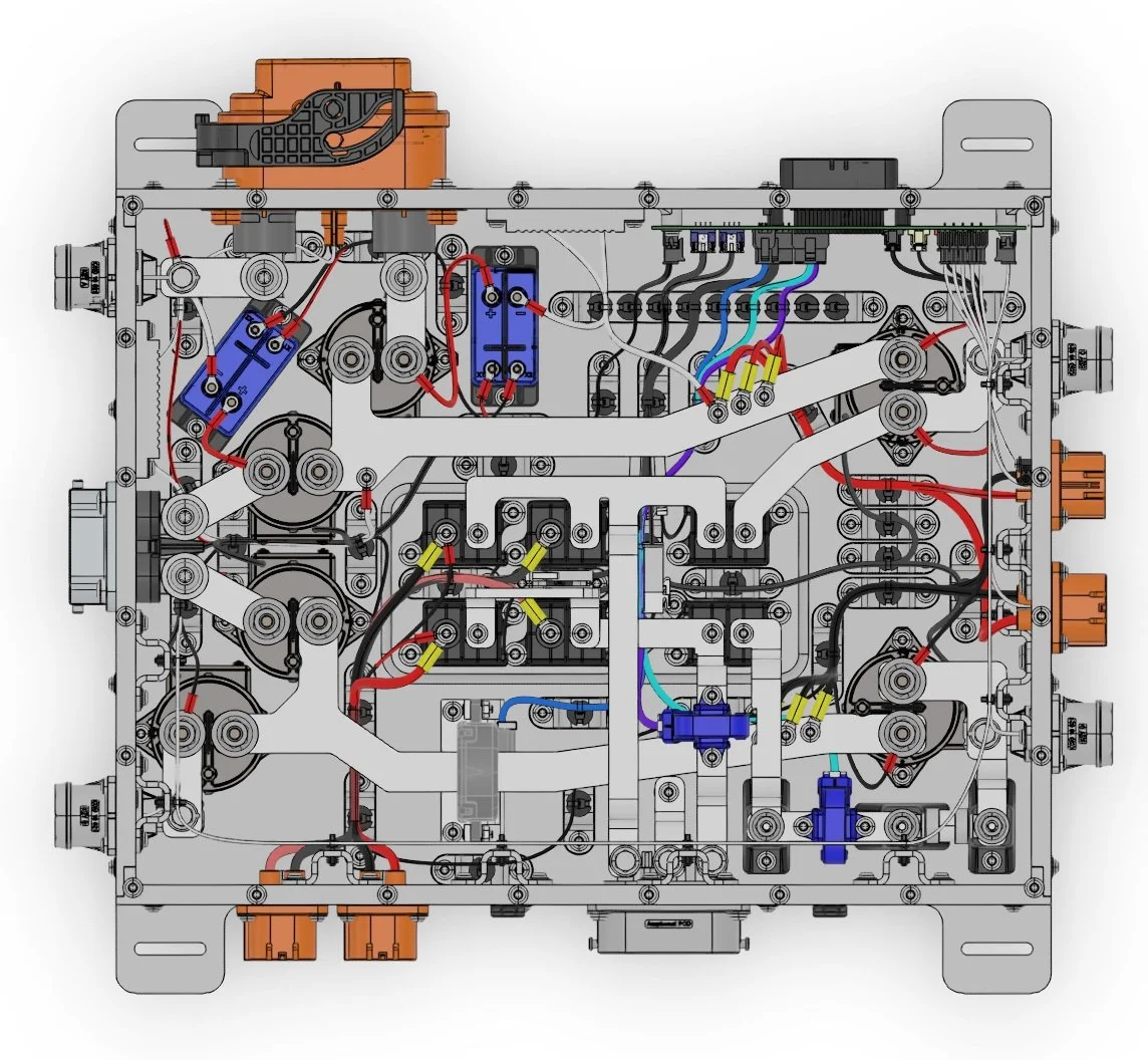 Beta 2 HVJB Internals, conceptualized and executed everything shown here from scratch, including deciding connector locations, bus bar routing, harness routing, component selection etc..