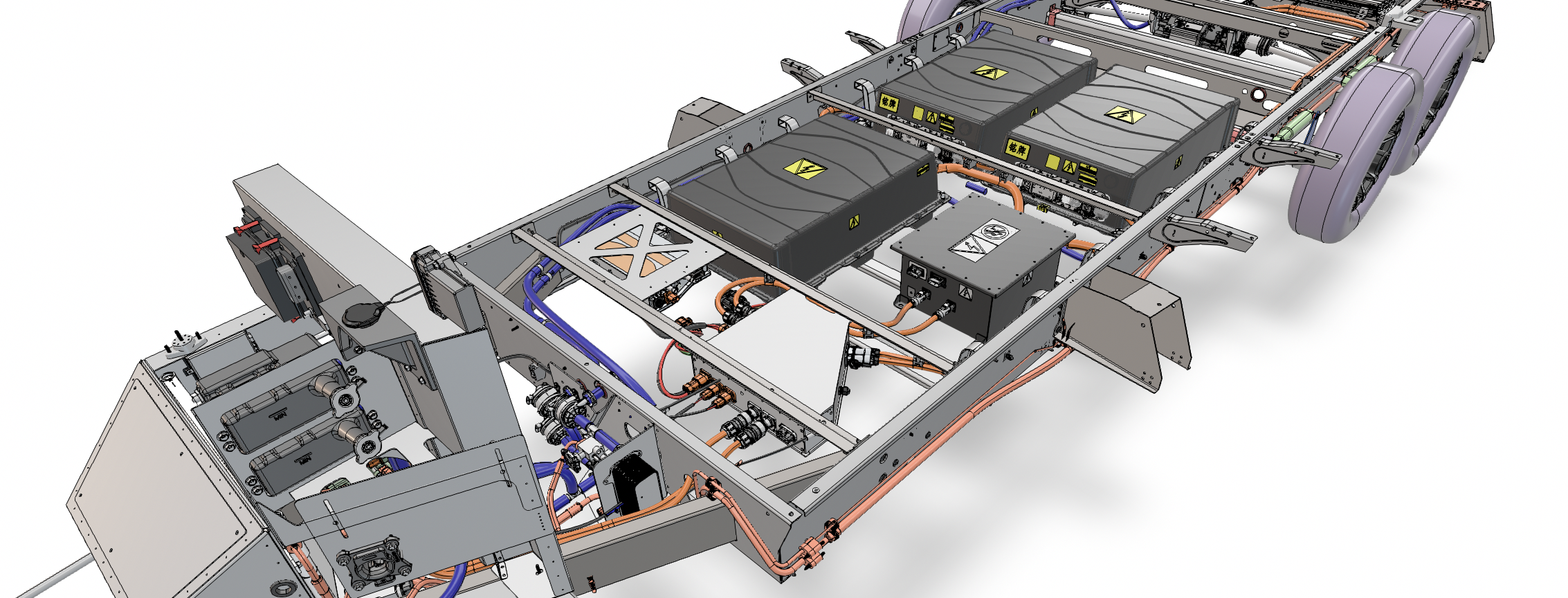 CAD of the underbody of the vehicle that I did, I positioned all the batteries, created all the harnessing, and conceptualized and executed on the overall package. A different engineer was responsible for the frame however.
