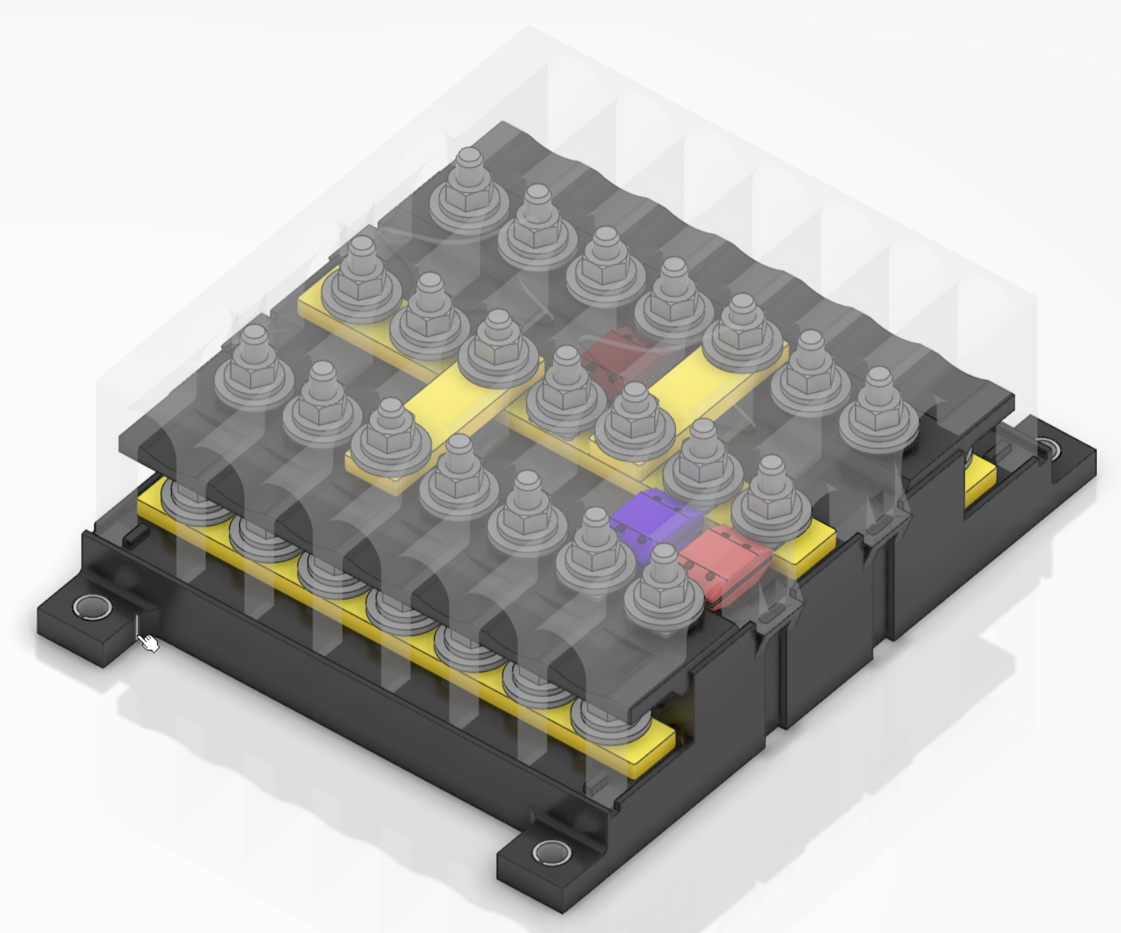 Under the cover is the positive center rail, with either inputs or mega fuses branching out from it into our loads. The positive rail has an insulating divider with a compression limiter that prevents things from shorting and touching the grounding b