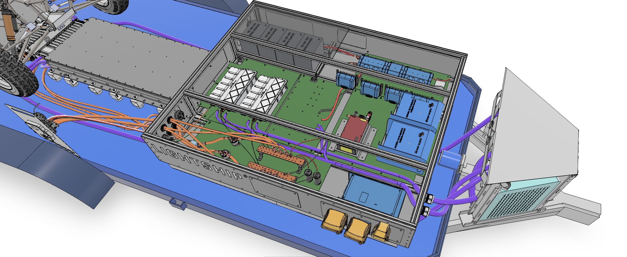 Internals of the enclsoure, we had 4x Lion Energy 12V batteries in parallel, two victron inverters, a victron autotransformer, HVDC rails, solar MPPTs, two OBCs, a 12V to 400V bi-directional DC-DC converter and 12V distribution.