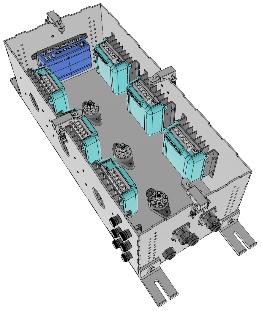 Inside there are three distribution posts, one for positive input, one for negative, and another for positive output.