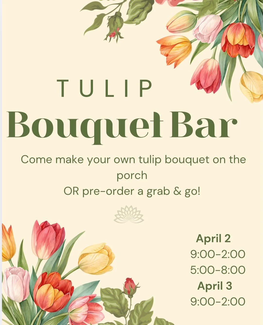 🌷 Tulip Bouquet Bar is BACK 🌷
Come celebrate Easter weekend with us and soak up spring on the porch while you build your own bouquet&mdash;just the way you like it! 
Choose your stems, mix your favorite varieties, and we&rsquo;ll wrap it up pretty 