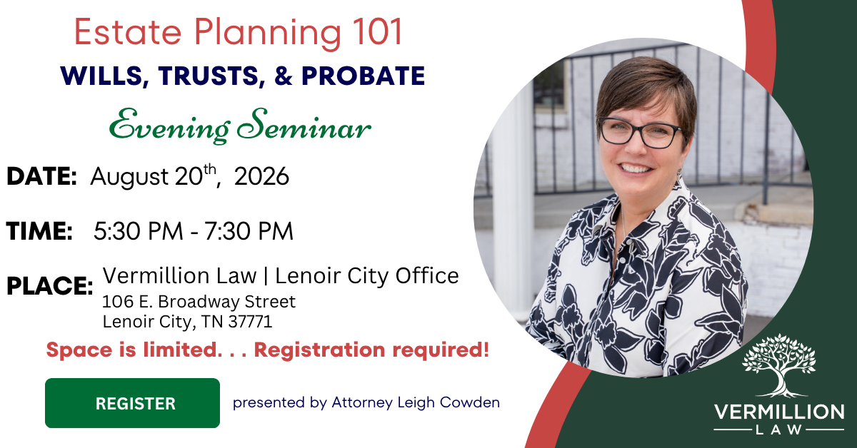 Vermillion Law Evening Seminar invitation for August 20, 2026 from 5:30 PM to 7:30 PM EST