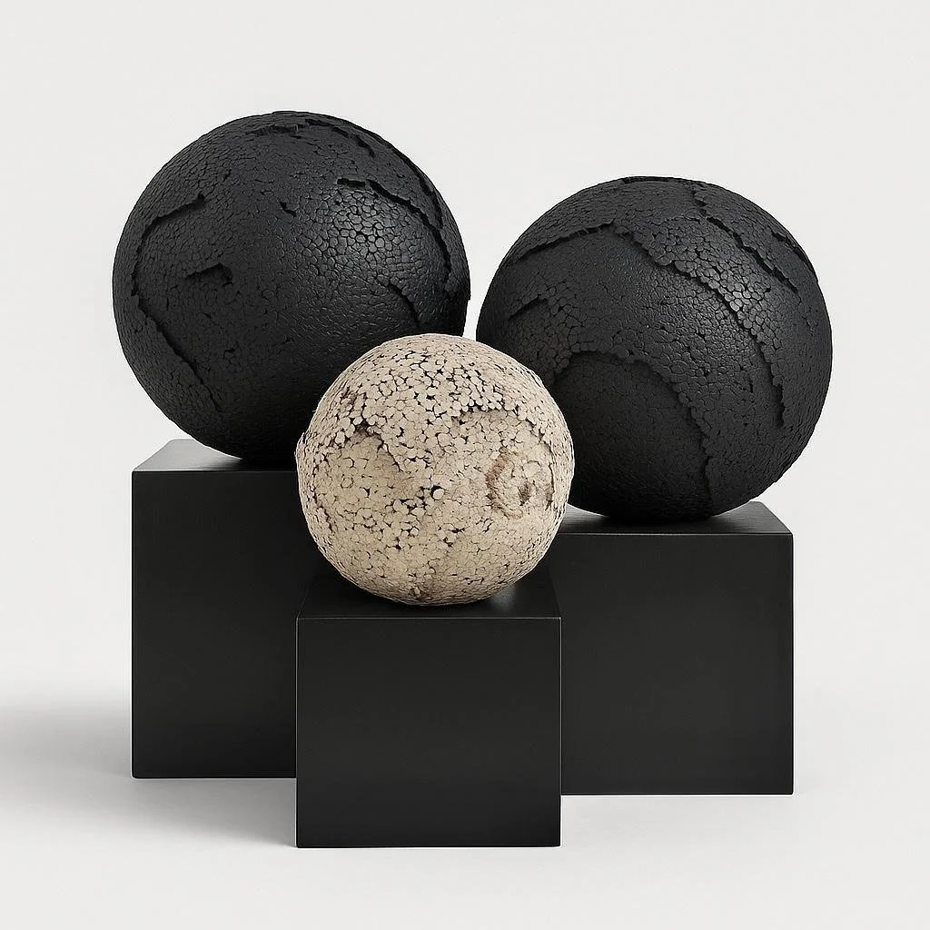 Oasis m&eacute;tallique.
Plan&egrave;te aquatique.
Plan&egrave;te oc&eacute;ane.

Trois sph&egrave;res fa&ccedil;onn&eacute;es clou par clou.
Chaque pointe symbolise un arbre.
Un monde en tension entre d&eacute;sert, mer et ciel.
Une cartographie int