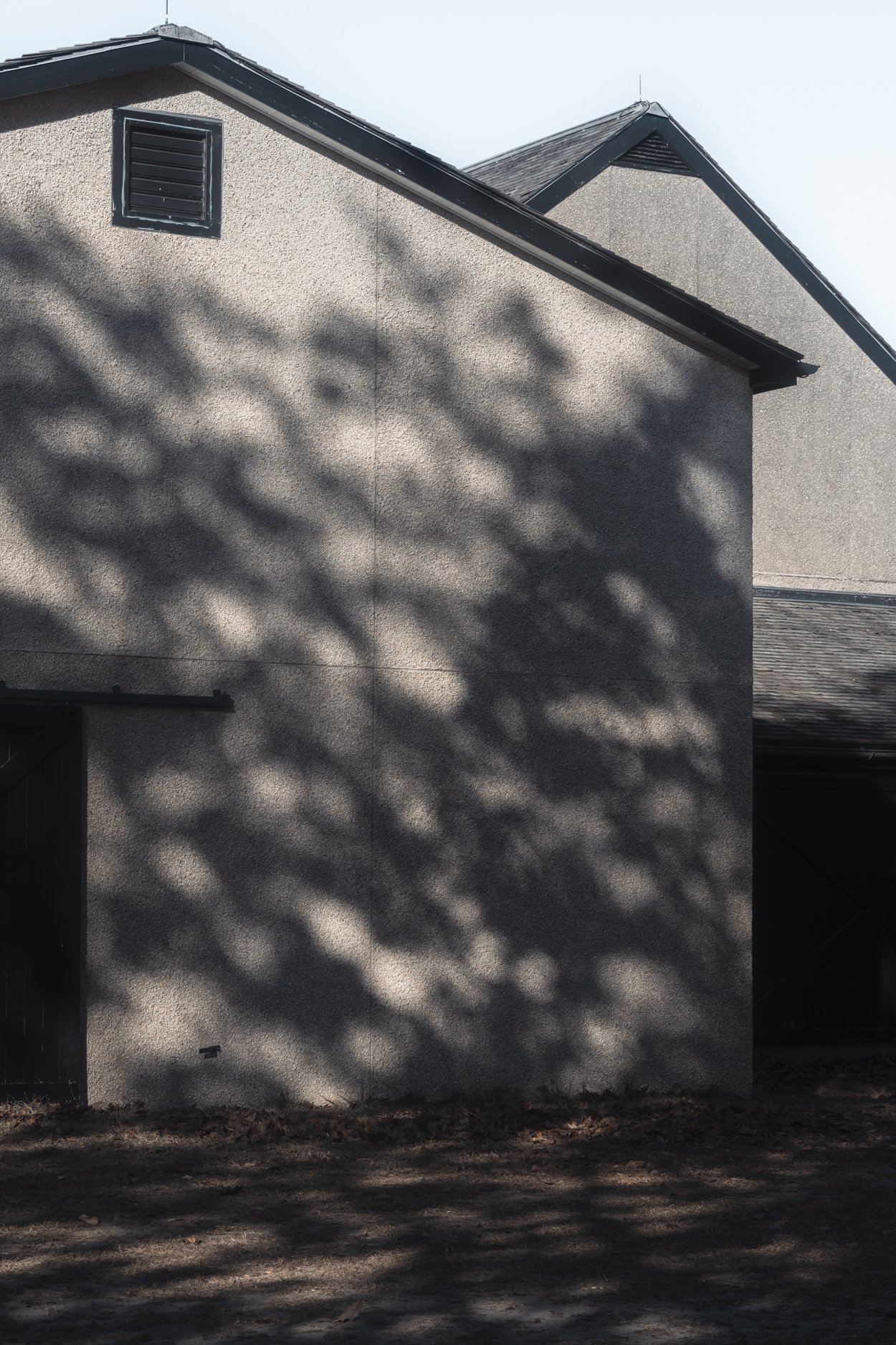 The side of a house with textured gray walls, a small black vent near the roof, and shadows of tree branches cast on the wall.