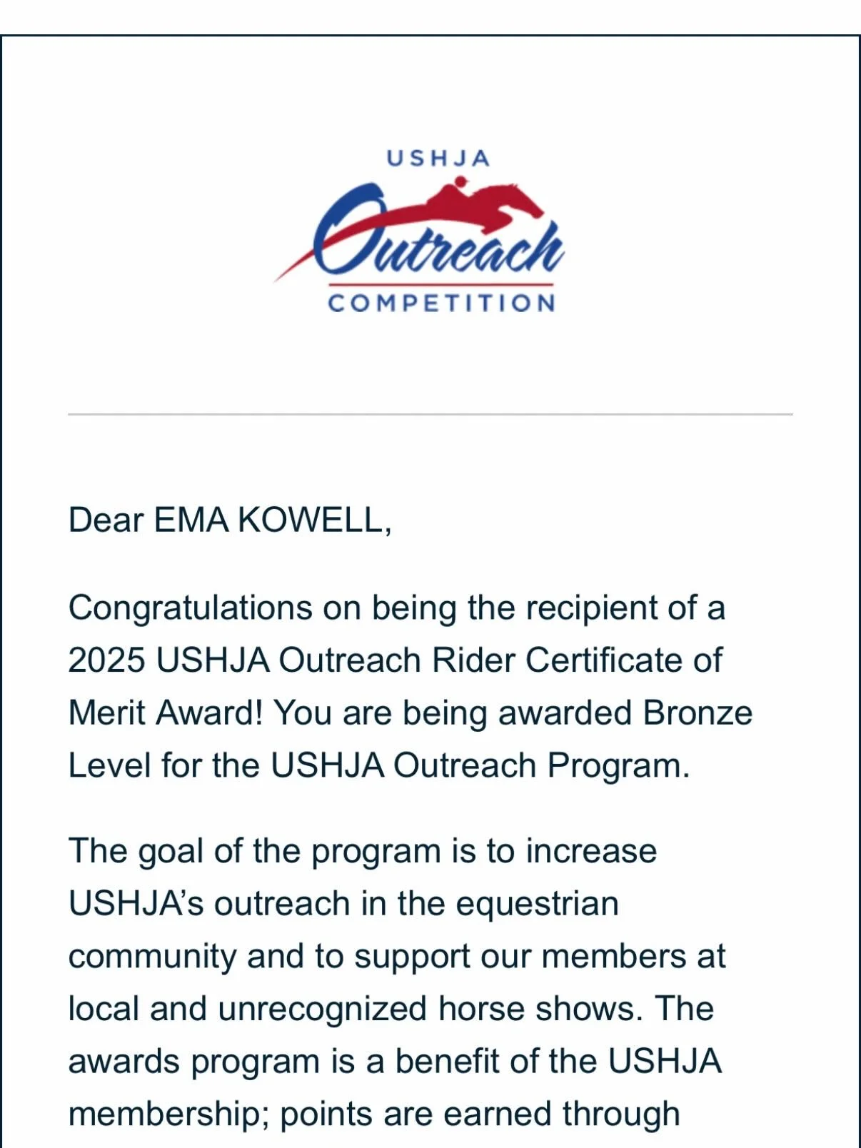 Congratulations to our rider Ema Kowell and MissEasterChex Aka penny on being a bronze level outreach winner! #jgwranch