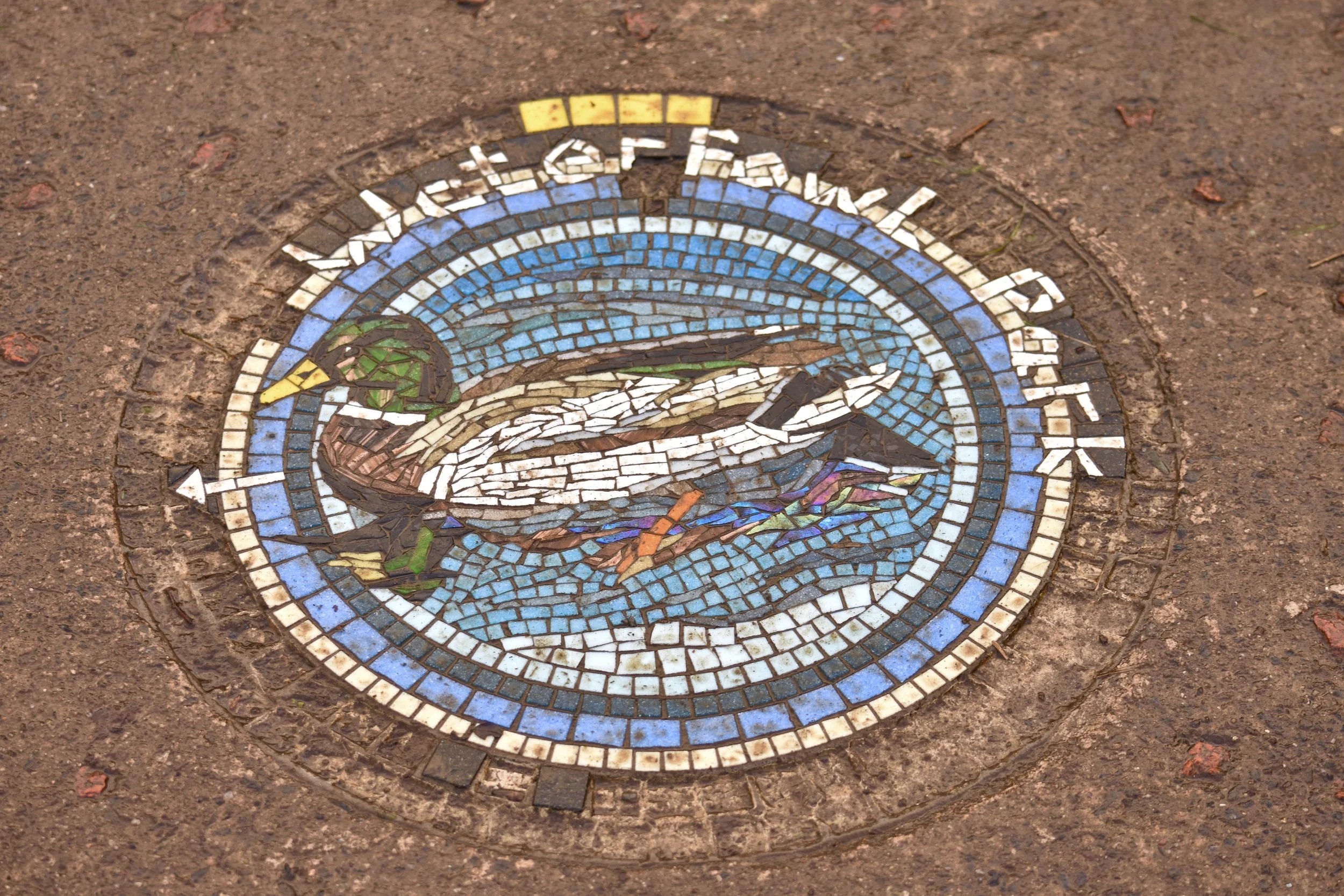 Mosaic of a duck labeled 'Waterfowl Park' on pavement