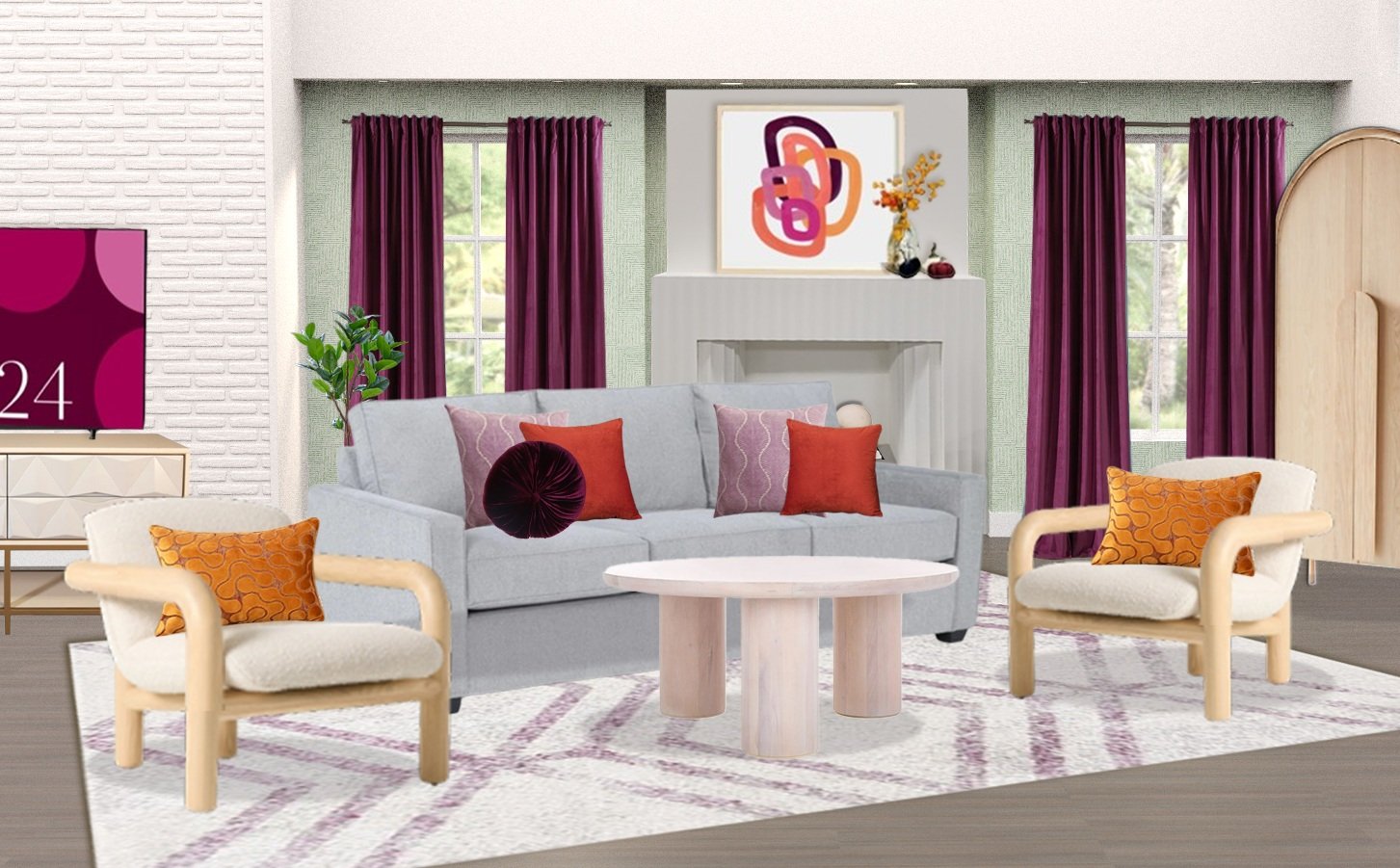 Living room setting with fireplace background styled with fall and orange decor