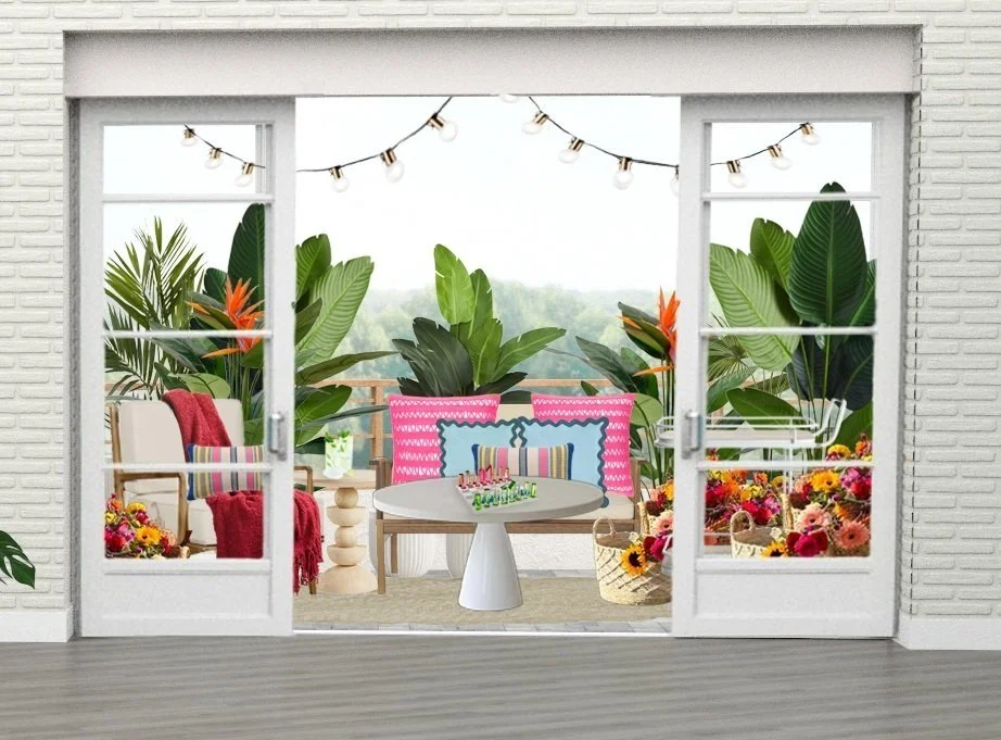 Interior looking out to patio adorned with bright colors and floral cart