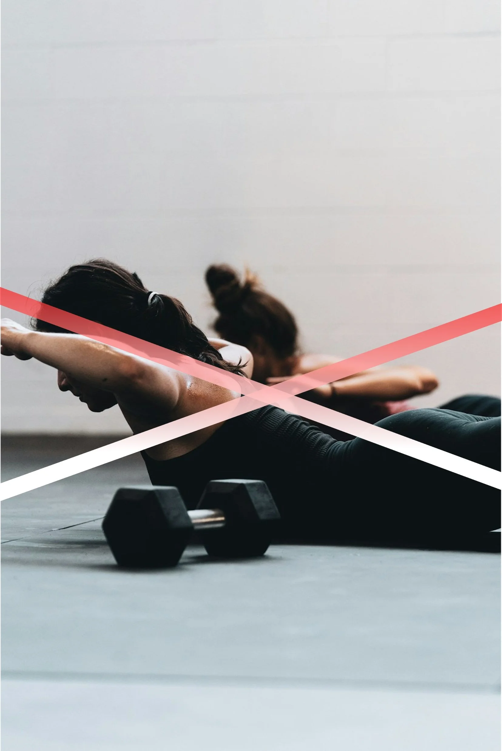 Two people performing back extensor strength movement called a Thoracic Extension. Dumbbell in foreground of image.  X represents the control group that was not prescribed back extensor strengthening for posture.