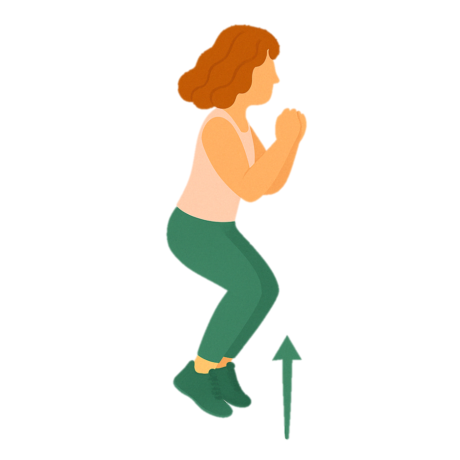 Illustration of a person performing a jump exercise with an upward arrow indicating movement. Jumping is for impact training.