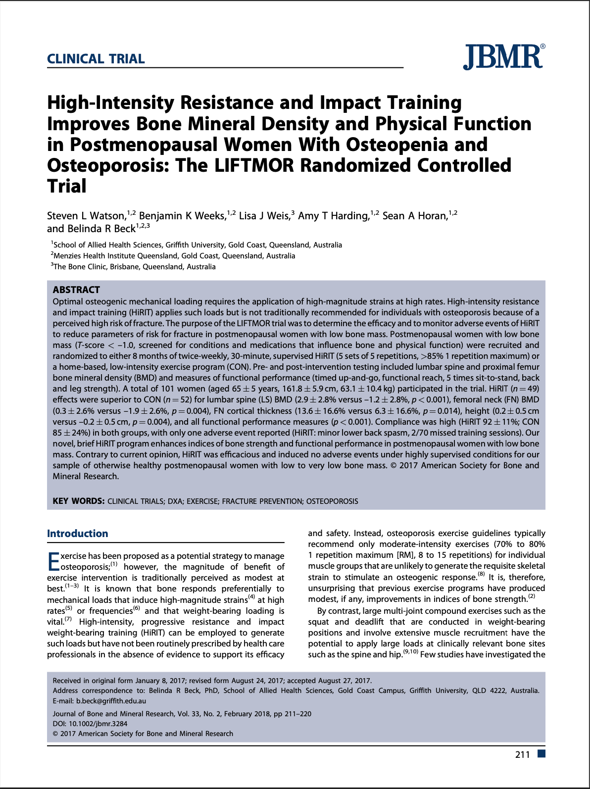 Journal article titled 'High-Intensity Resistance and Impact Training Improves Bone Mineral Density and Physical Function in Postmenopausal Women With Osteopenia and Osteoporosis: The LIFTMOR Randomized Controlled Trial'. Authors, affiliations, abstract, keywords, and introduction are included. Published in the Journal of Bone and Mineral Research.