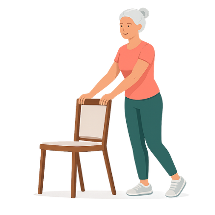 Older woman with gray hair exercising using a chair for support.