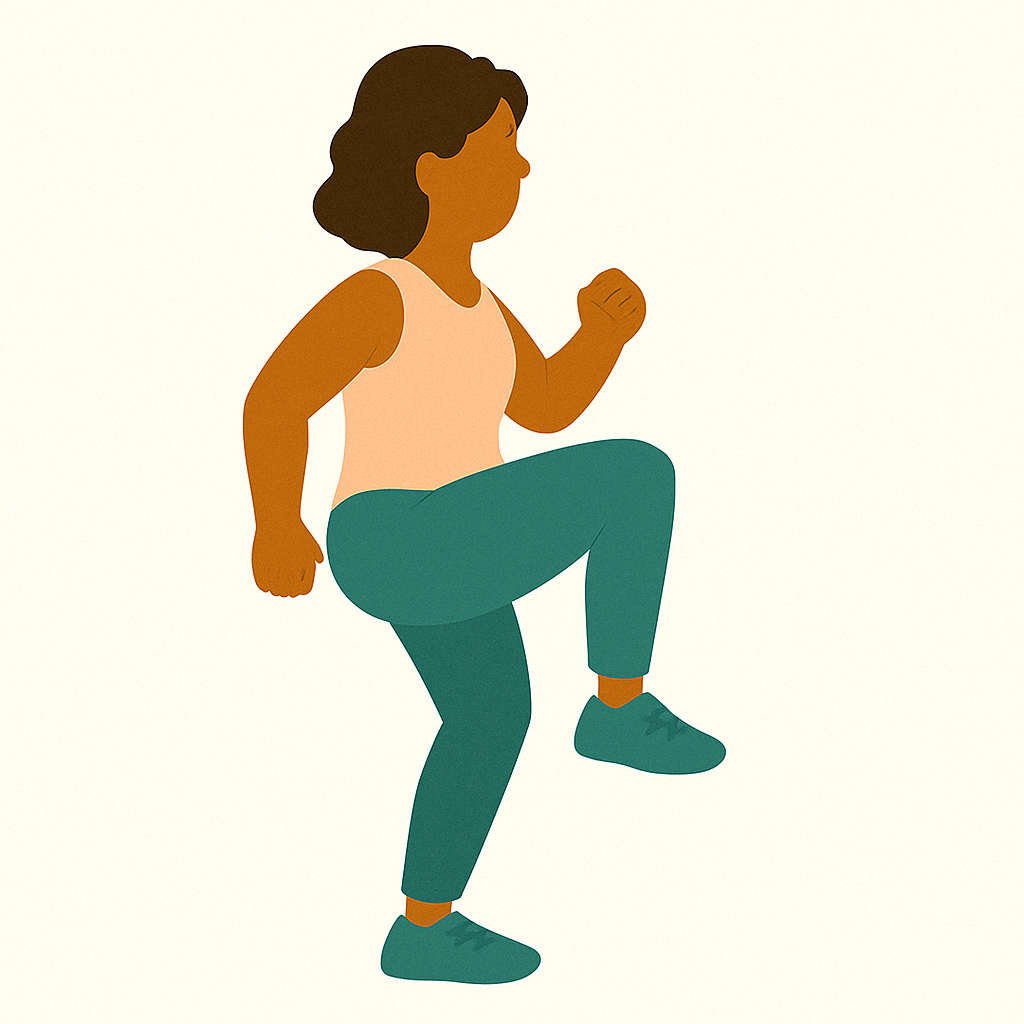 Illustration of a woman with brown hair wearing a pink tank top and teal pants, performing a high knee exercise.