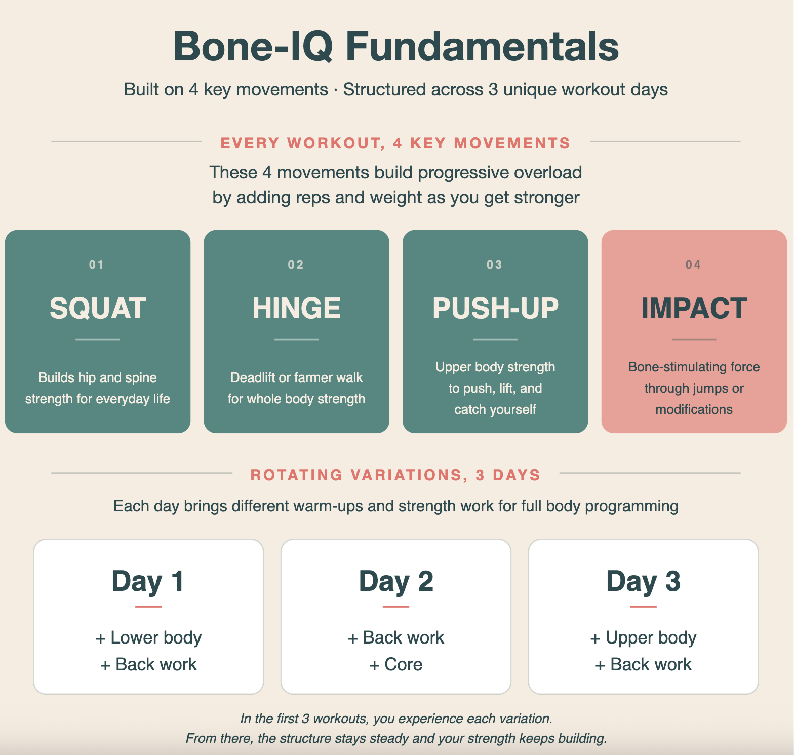 A fitness infographic titled "Bone-IQ Fundamentals" detailing a workout program built on 4 key movements across 3 unique workout days, with rotating variations for full-body strength training, specifically cleat exercises including squat, hinge, push-up, and impact.