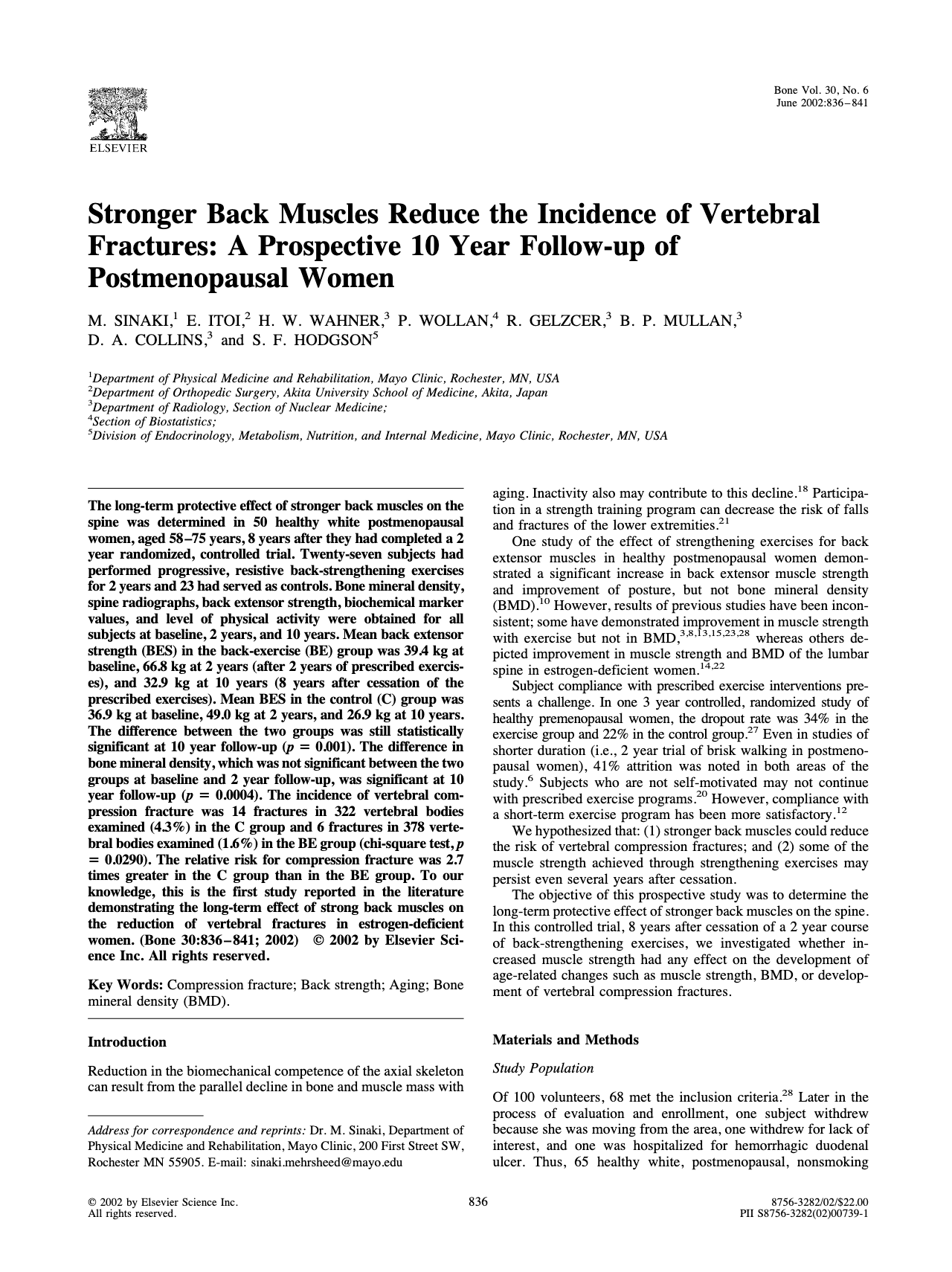 Academic article titled 'Stronger Back Muscles Reduce the Incidence of Vertebral Fractures: A Prospective 10 Year Follow-up of Postmenopausal Women' by multiple authors, published in Bone journal, June 2002, Vol. 30, No. 6. The article discusses a study on the benefits of back-strengthening exercises for postmenopausal women. It includes sections like Introduction, Materials and Methods, and features tables and data on muscle strength and vertebral fractures.