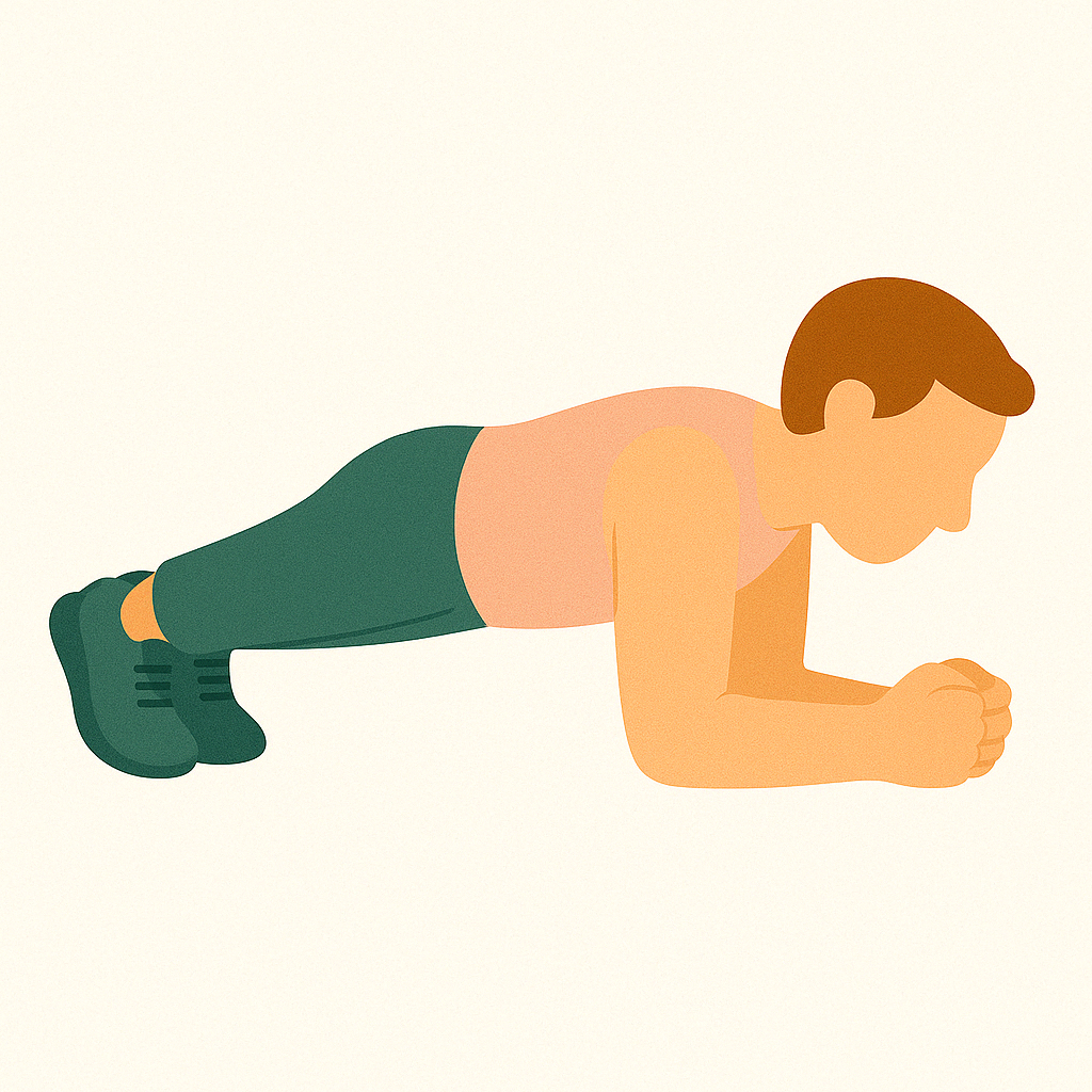 Illustration of a person performing a plank exercise on their forearms, wearing dark green shorts and black shoes.
