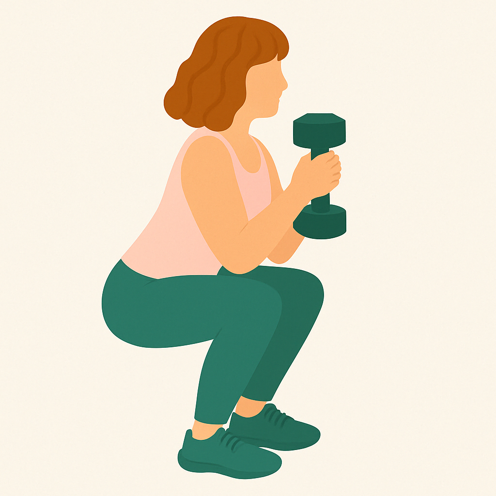 An illustrated woman squatting and holding a dumbbell for a goblet squat.