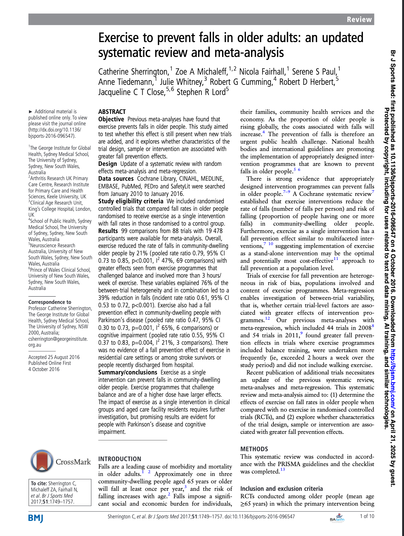 Journal article titled 'Exercise to prevent falls in older adults: an updated systematic review and meta-analysis' by various authors, published in British Journal of Sports Medicine in 2017. The study examines the effectiveness of exercise in reducing fall rates in older adults.