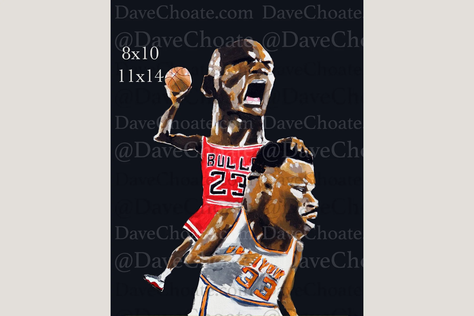 Michael Jordan, Chicago Bulls Dunking on Patrick Ewing art photo based on original painting.