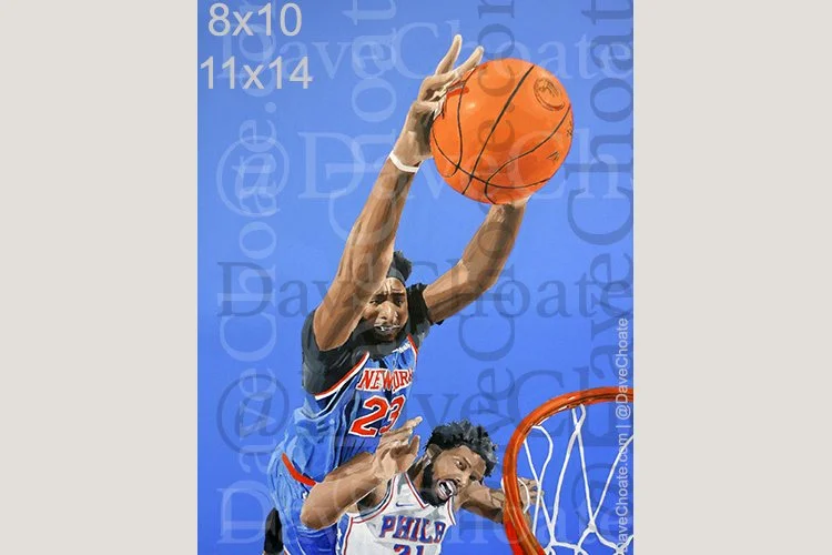 New York Knicks, Mitch Robinson Dunks on Joel Embiid of the Philadelphia 76ers art photo print from an original acrylic painting (Copy) (Copy)