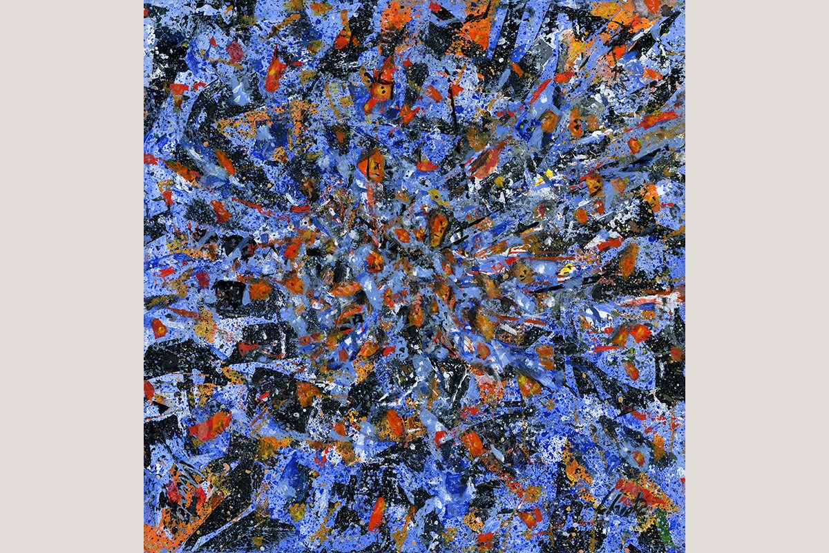 "Blue Orange 54" an Original Acrylic Abstract Painting. Measures 8x8.