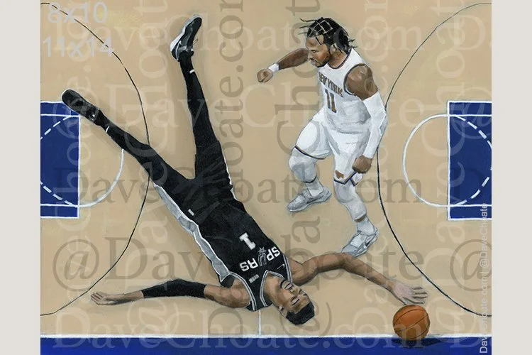 New York Knicks, Jalen Brunson out Victor Wembanyama of the San Antonio Spurs in the NBA Championship Series art photo print from an original acrylic painting (Copy)