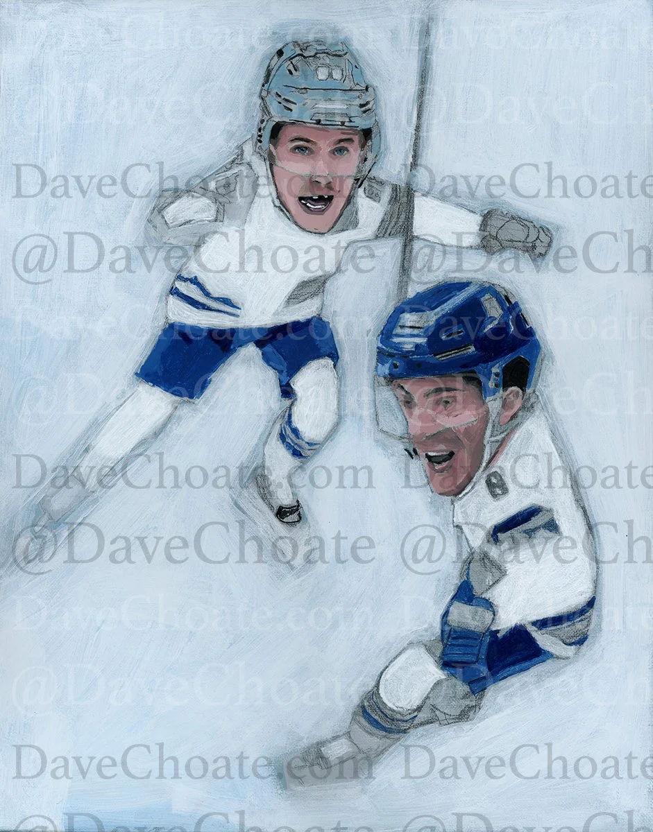 Painting draft of Team USA Jack Hughes scoring the winnig goal against Team Canada in the Milan Winter Olympics