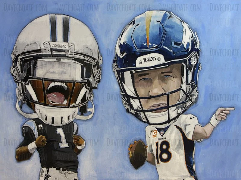 Cam Newto, Carolina Panthers and Peyton Manning, Denver Broncos. Super Bowl 50. Measures 36x48