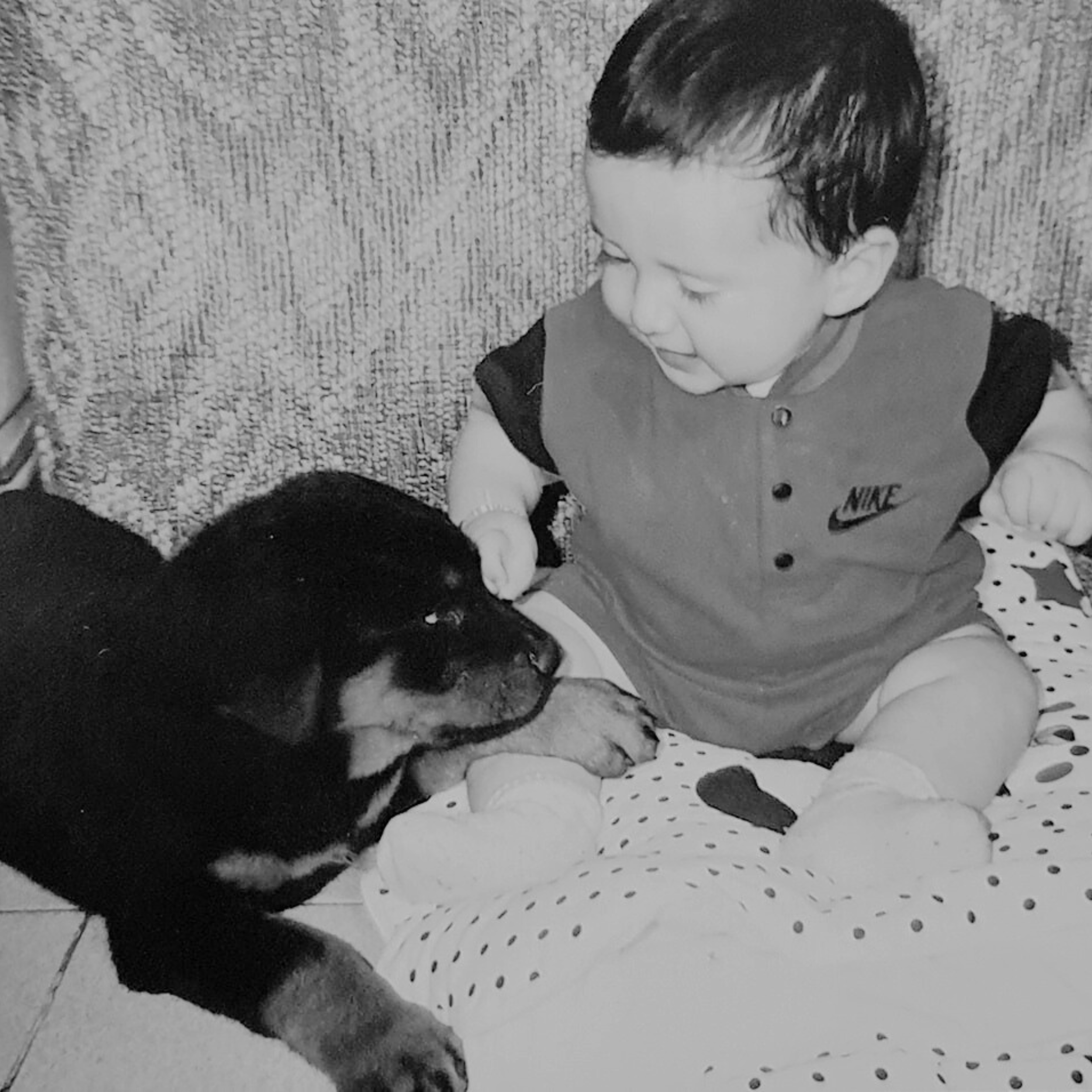 Niño pequeño sentado en un tapete con un perro cachorro, ambos interactuando entre sí.