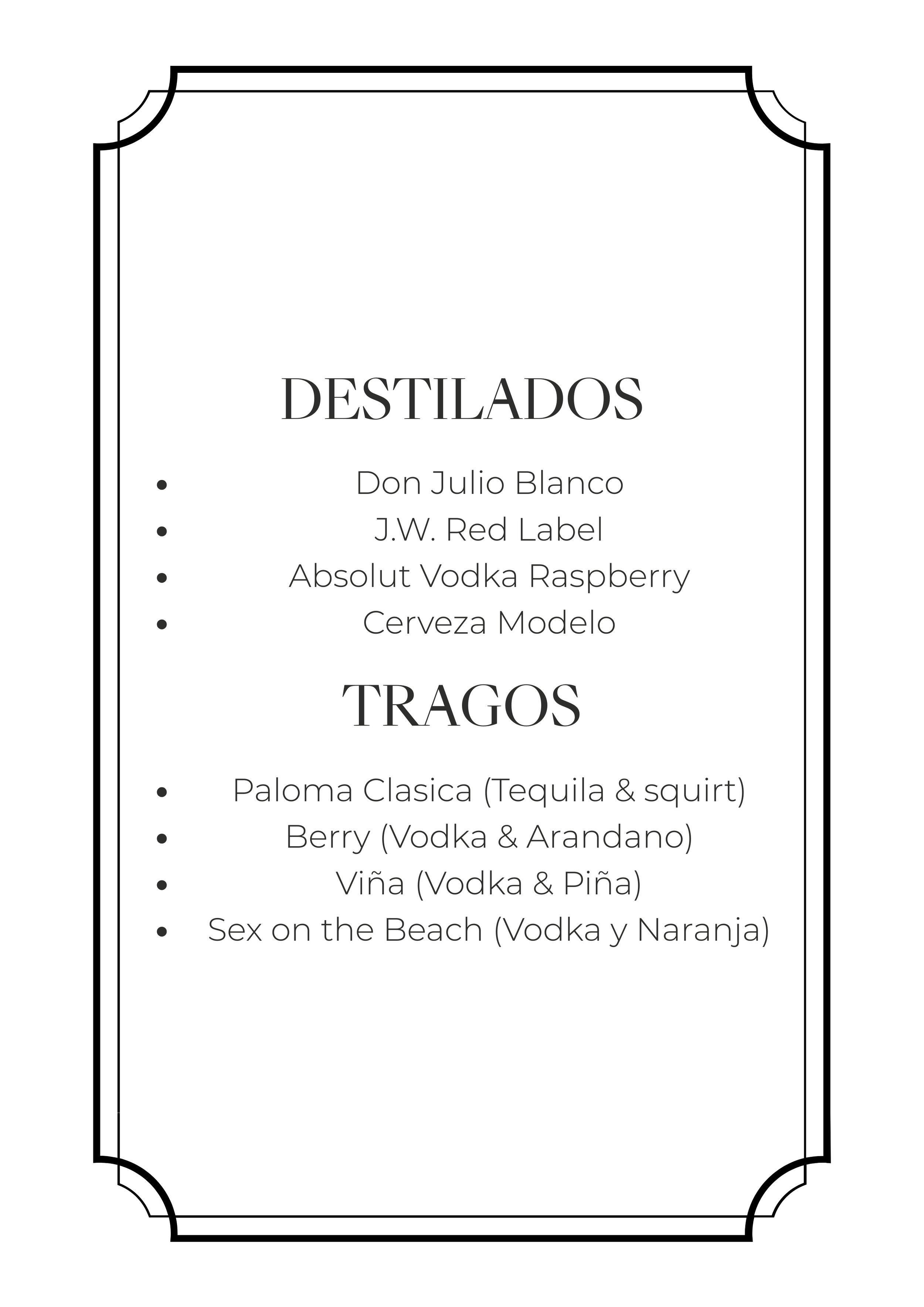 Menú en blanco y negro con sección de destilados y tragos, lista de bebidas como Don Julio Blanco, J.W. Red Label, vodka absoluto de frambuesa, cerveza Modelo, y tragos como Paloma clásica, Berry, Viña, Sexo en la Playa.