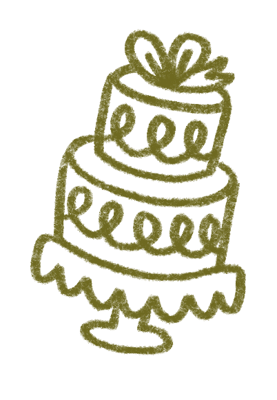 Dibujo de un pastel de cumpleaños de tres niveles con decoración y la palabra 'Feliz' escrita en el pastel.