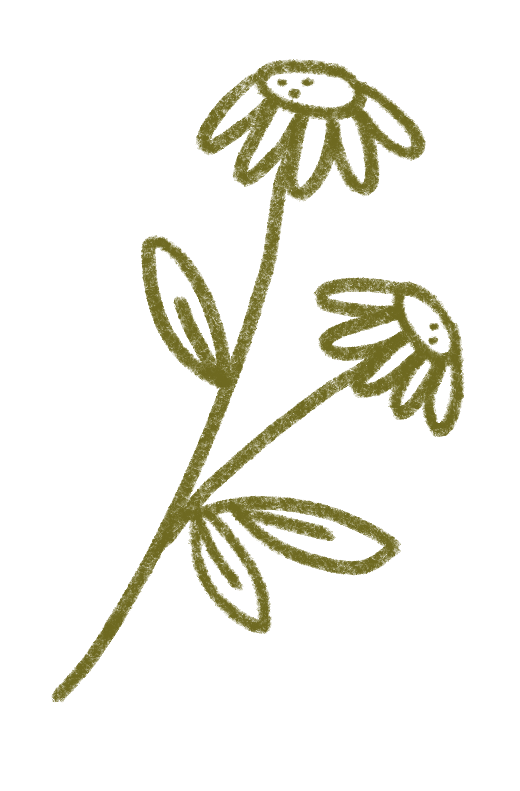 Dibujo de dos flores con hojas, en estilo simple y color oliva.
