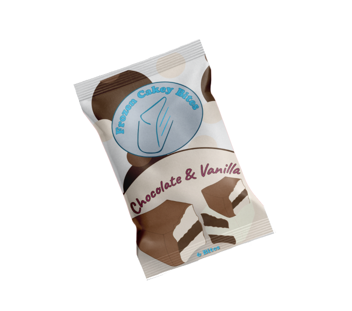 Chocolate and Vanilla ice cream cake bites bag packaging,
